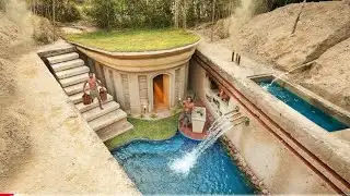 100 Days Building A Modern Underground Hut With A Grass Roof and a Swimming Pool🌲🌿