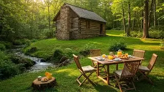 "A cozy log cabin with a stone chimney, nestled in a lush green forest clearing. 
