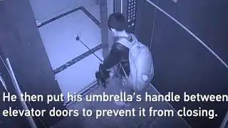 Boy uses umbrella to prevent elevator door from closing causes free fall