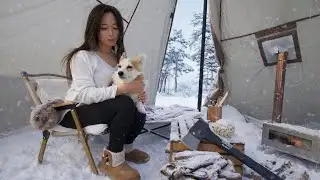 ❄️CAMPING IN SNOWSTORM WITH MY DOGㅣWOODSTOVE ASMR