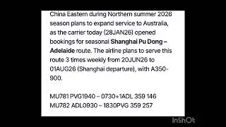 CHINA EASTERN ADDS SEASONAL SHANGHAI – ADELAIDE SERVICE IN NS26