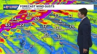 Cool and cloudy Sunday, strong front brings gusty winds and colder air Monday