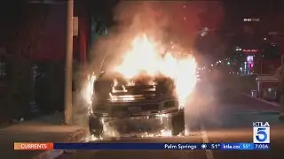 Crews battle Ford F150 engulfed in flames in Van Nuys
