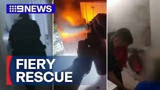 Dramatic vision shows moment police pull elderly woman from blaze | 9 News Australia