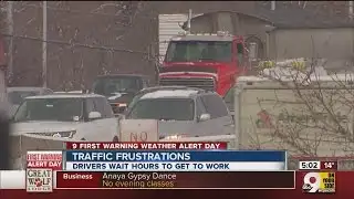 Drivers frustrated with traffic during wintry road conditions.