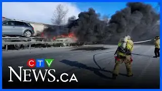 Flames erupt from tanker truck on Highway 11