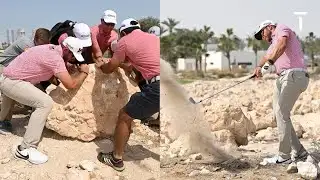Golf fans help Dean Burmester move huge rock 💪