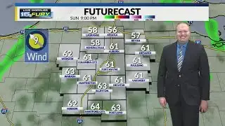 Mild with clouds and spotty rain Sunday night