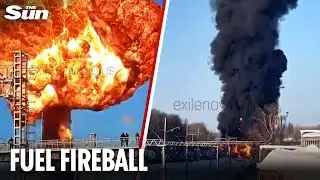 Moment fuel tanks EXPLODE as freight train derails and crashes in Russia