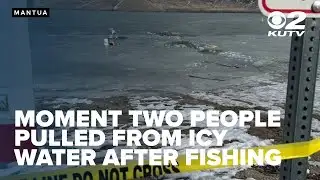 Moment two people pulled from icy water after fishing