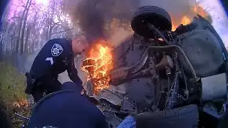 Rescuers Pull Driver Out of Flaming Car After It Crashed