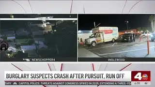 Search for burglary suspects after chase, crash