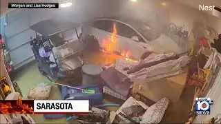 Tesla catches fire inside a home garage in Florida.