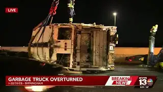 Three injured after garbage truck flips and crashes on Birmingham interstate