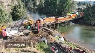 Timelapse: Crews work to free 3 locomotives stranded on Oregon trestle