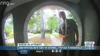 Video shows machete-wielding man attempting to slice through Mandeville door